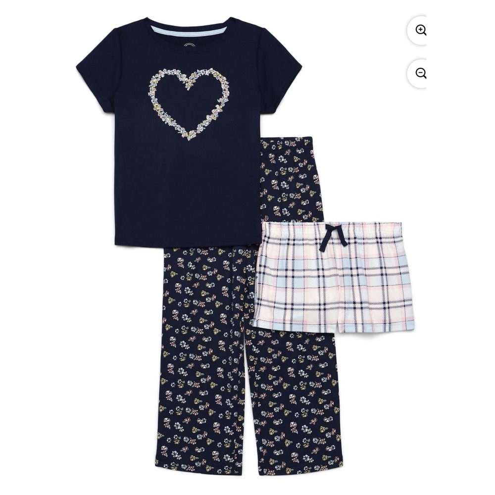 Wonder Nation-Girls-3 Piece Pajama PJ-Set-Heart-Plaid-Spring-Fall-Medium (7-8)